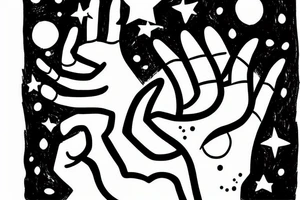 Abstract drawing of a woman's hand surrounded by the moon and stars tattoo idea