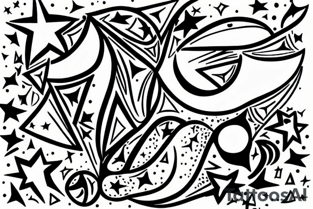 Abstract drawing of a woman's hand surrounded by the moon and stars tattoo idea