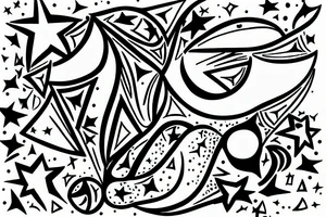 Abstract drawing of a woman's hand surrounded by the moon and stars tattoo idea