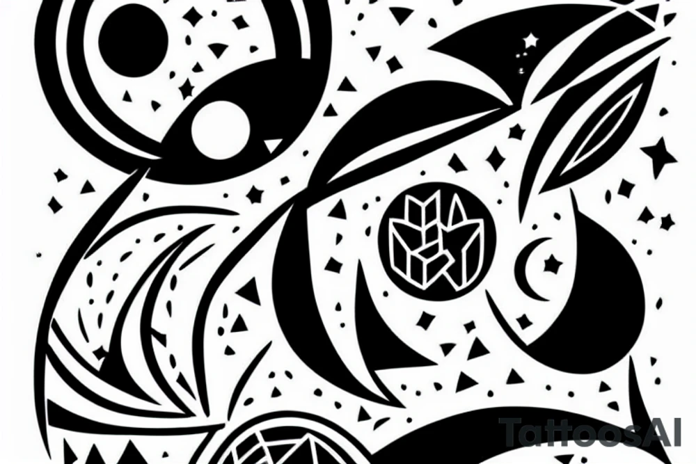 Abstract drawing of a woman's hand surrounded by the moon and stars tattoo idea