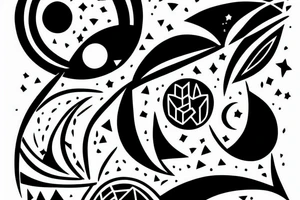Abstract drawing of a woman's hand surrounded by the moon and stars tattoo idea
