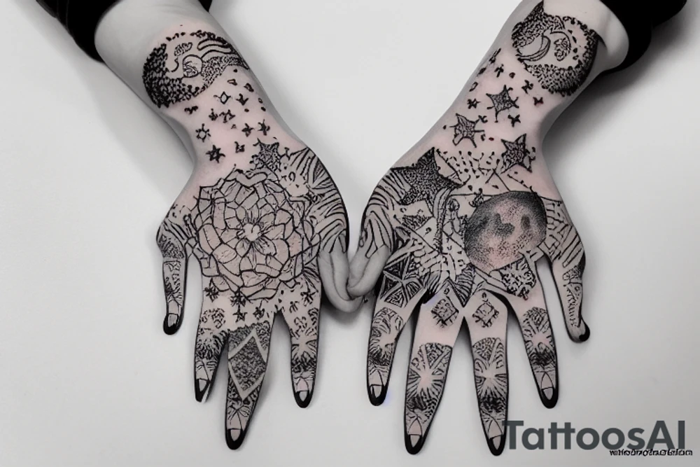 A woman's outstretched hand surrounded by the moon and stars tattoo idea