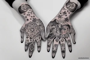 A woman's outstretched hand surrounded by the moon and stars tattoo idea