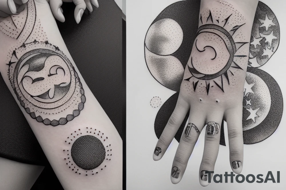 A woman's outstretched hand surrounded by the moon and stars tattoo idea