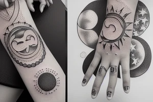 A woman's outstretched hand surrounded by the moon and stars tattoo idea