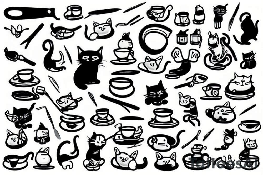 a cat holding a pan and a knife tattoo idea