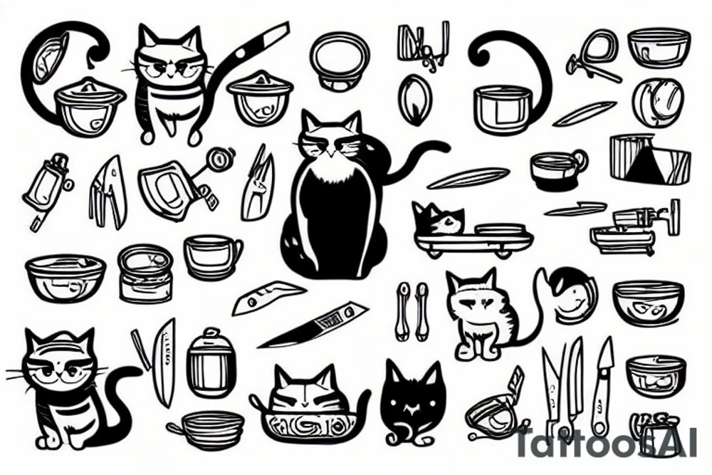 a cat holding a pan and a knife tattoo idea