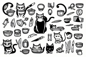 a cat holding a pan and a knife tattoo idea