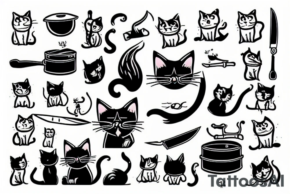 a cat holding a pan and a knife tattoo idea
