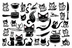 a cat holding a pan and a knife tattoo idea
