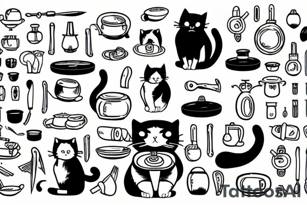 a cat holding a pan and a knife tattoo idea