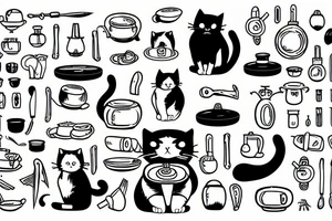 a cat holding a pan and a knife tattoo idea