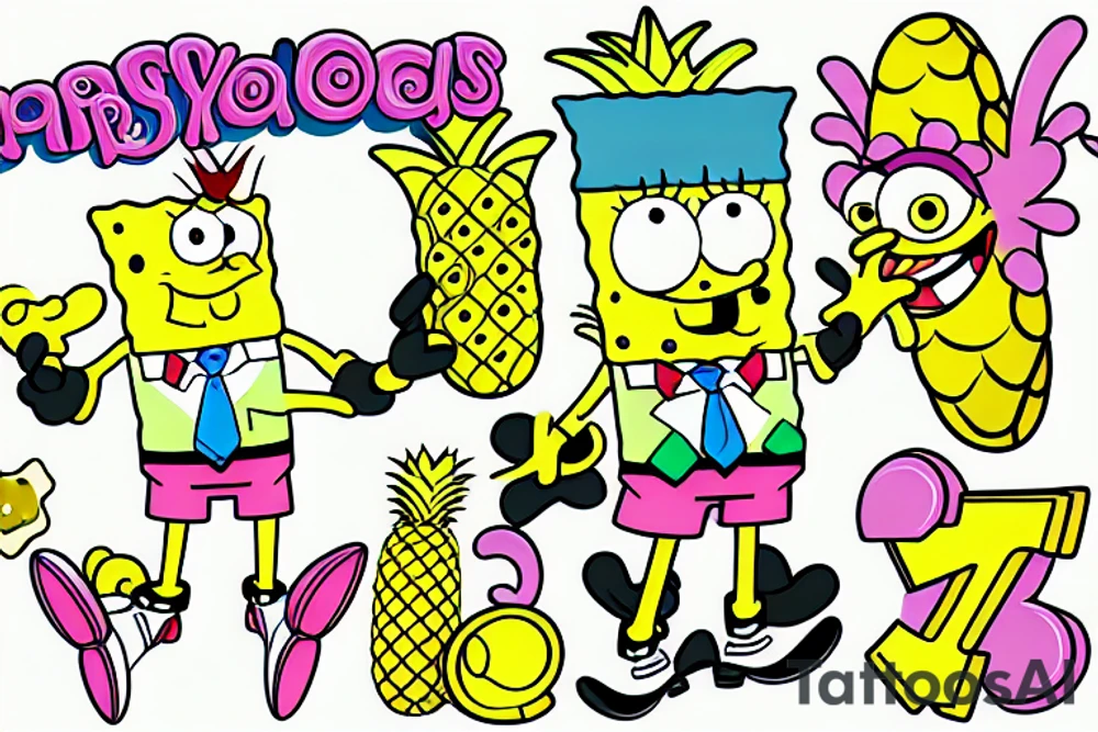 The cartoon character SpongeBob SquarePants in color holding a pineapple tattoo idea