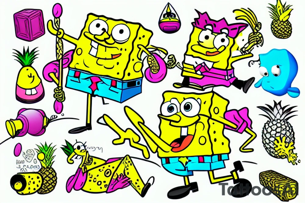 The cartoon character SpongeBob SquarePants in color holding a pineapple tattoo idea