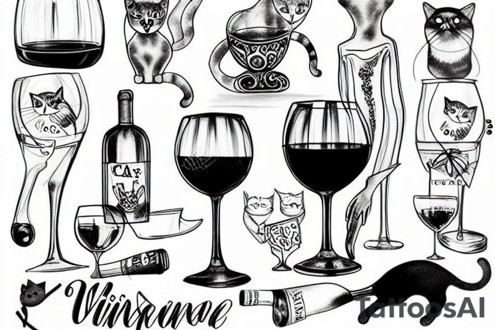 Cat with a glass of wine tattoo idea
