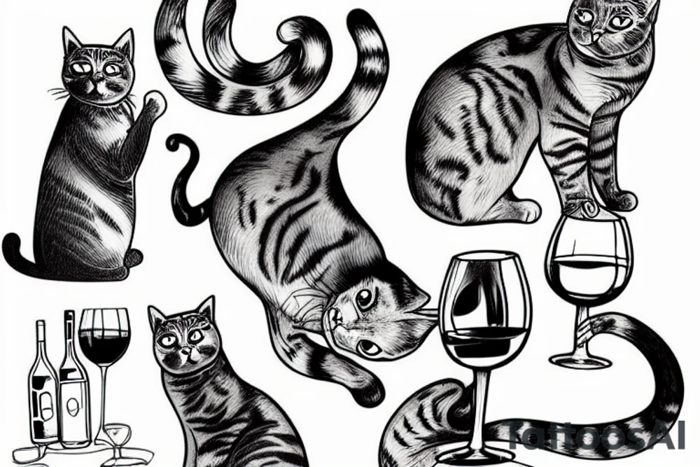 Cat drinking a glass of wine tattoo idea