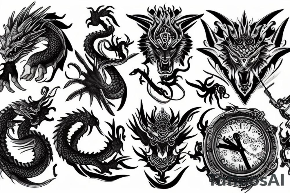 Dragon, Spartan, OM, clock, wolf tattoo idea