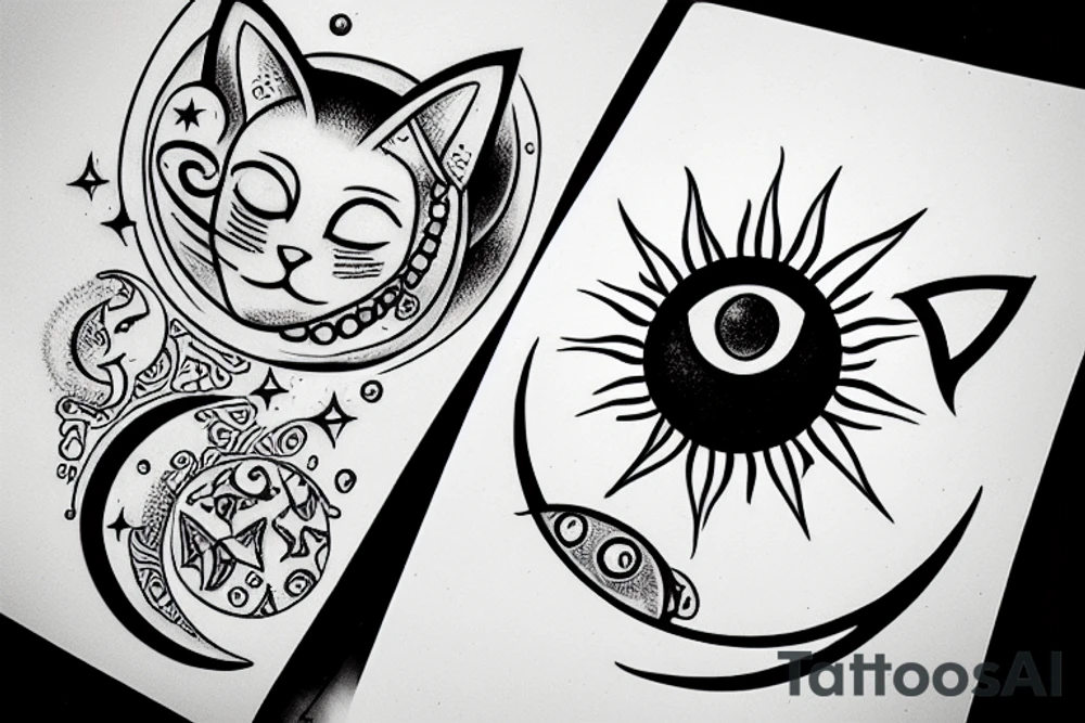 cat with sun and moon in its eye tattoo idea