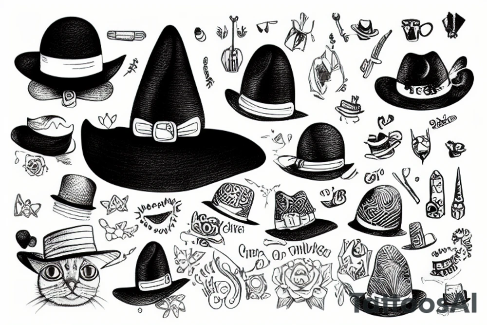tiny cat with a huge hat tattoo idea