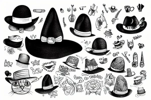 tiny cat with a huge hat tattoo idea