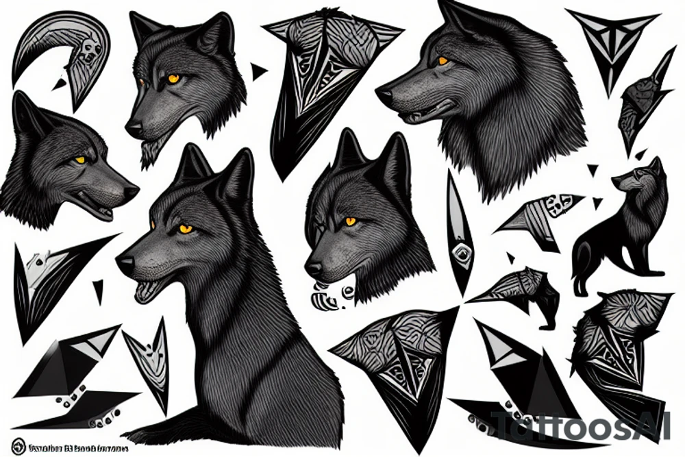A profile of a black wolf with an arrowhead tattoo idea