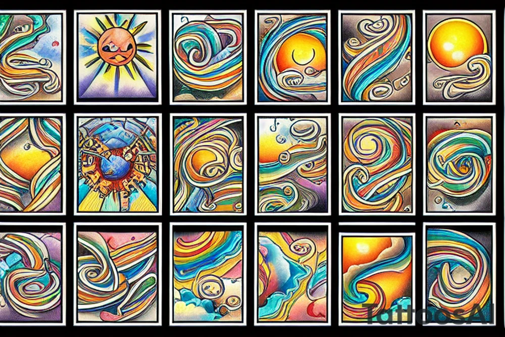 Winding River from left to right sunny on the left side raining on the right side tattoo idea