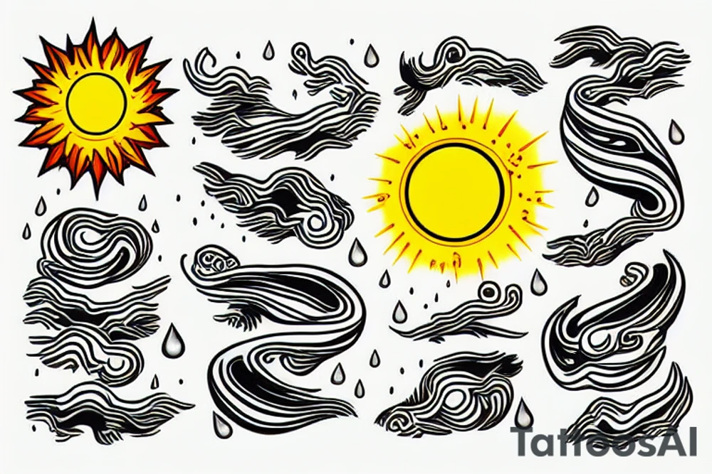 Winding River from left to right sunny on the left side raining on the right side tattoo idea