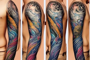 Winding River from left to right sunny on the left side raining on the right side tattoo idea