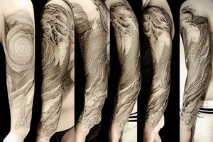 Winding River from left to right sunny on the left side raining on the right side tattoo idea