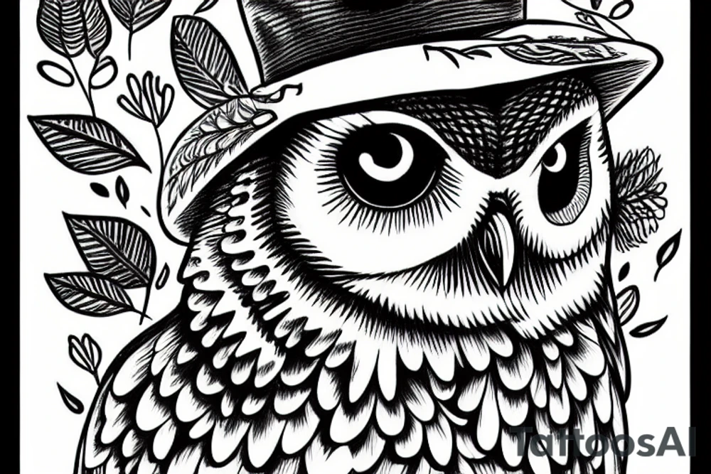 These eyed owl with a hat sitting next to a big tree tattoo idea