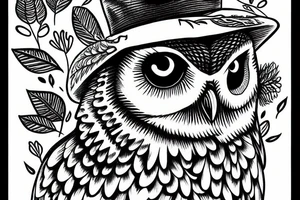 These eyed owl with a hat sitting next to a big tree tattoo idea