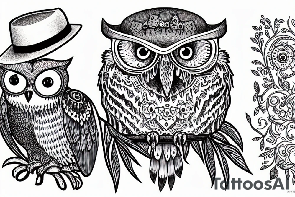 These eyed owl with a hat sitting next to a big tree tattoo idea