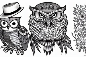 These eyed owl with a hat sitting next to a big tree tattoo idea