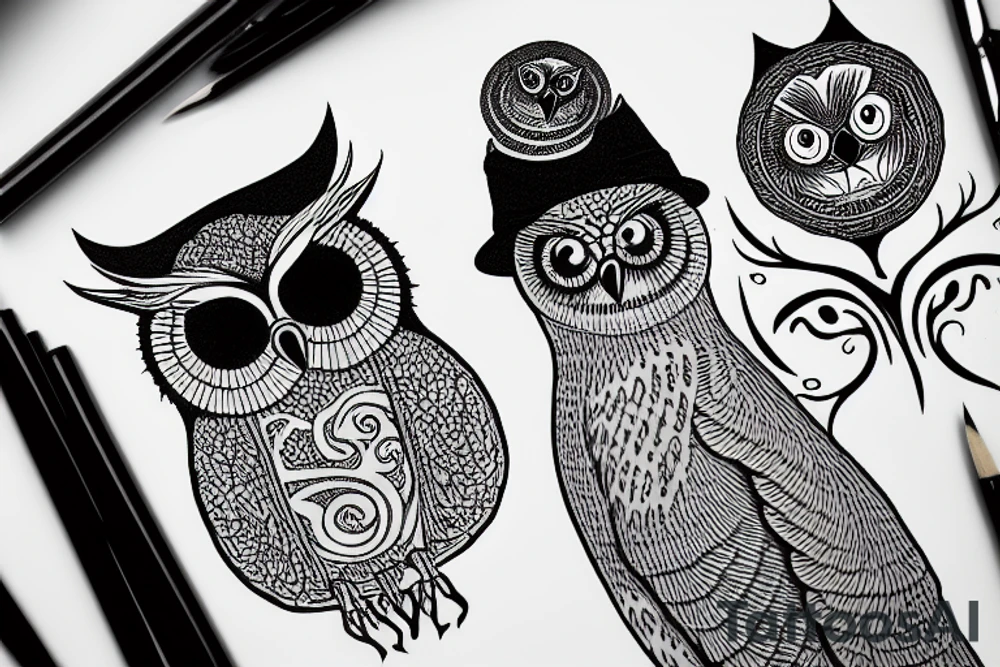 Threeeyed owl with a hat sitting next to a big tree tattoo idea