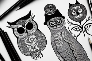 Threeeyed owl with a hat sitting next to a big tree tattoo idea
