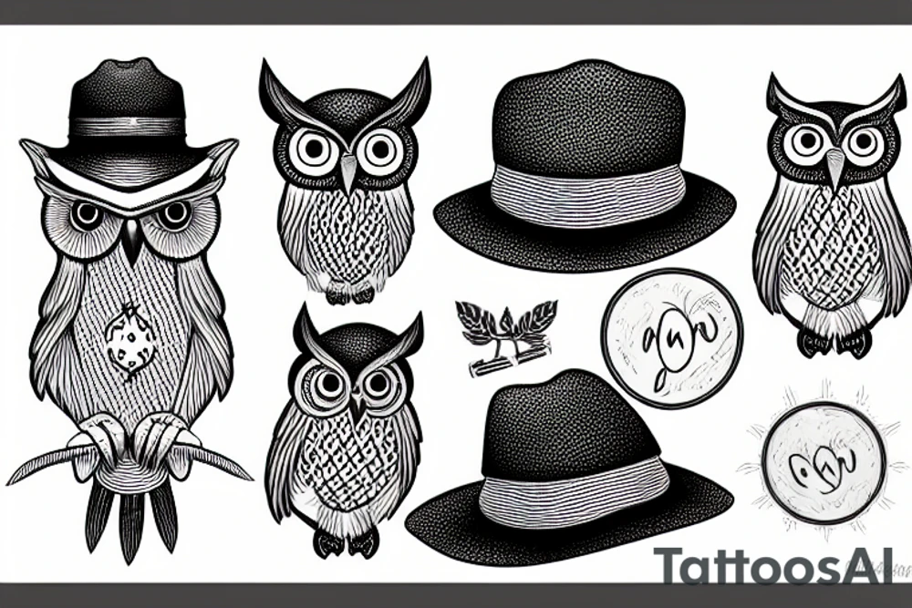 Threeeyed owl with a hat sitting next to a big tree tattoo idea