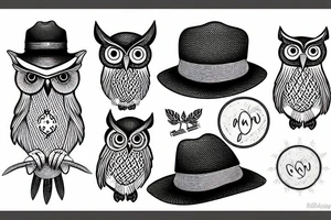 Threeeyed owl with a hat sitting next to a big tree tattoo idea