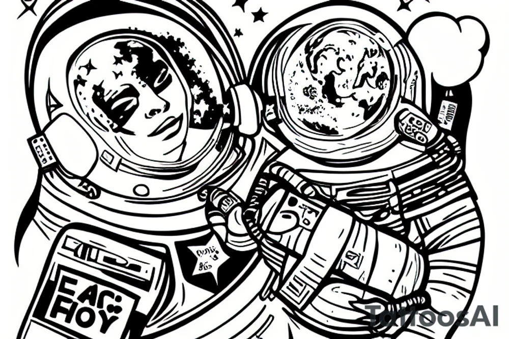 an astronaut is flying through the sky, holding a peace poster in his hands tattoo idea
