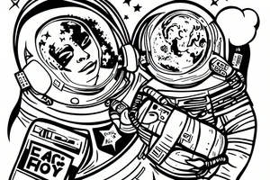 an astronaut is flying through the sky, holding a peace poster in his hands tattoo idea