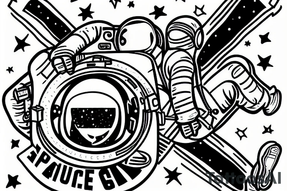 an astronaut is flying through the sky, holding a peace poster in his hands tattoo idea