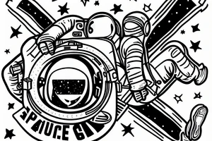 an astronaut is flying through the sky, holding a peace poster in his hands tattoo idea