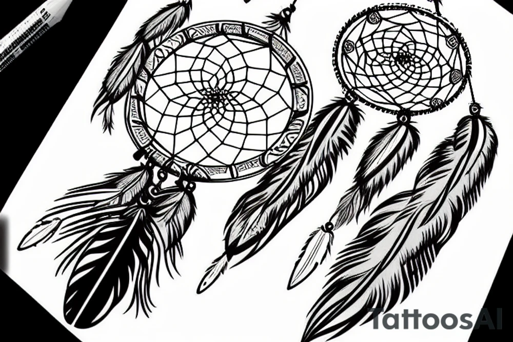 A dream catcher with 2 feathers and one arrowhead in the middle with the name Arnold Ochoa on the side tattoo idea