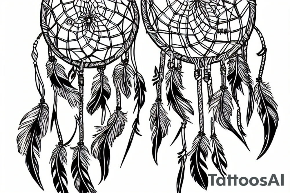 A dream catcher with 2 feathers and one arrowhead in the middle with the name Arnold Ochoa on the side tattoo idea