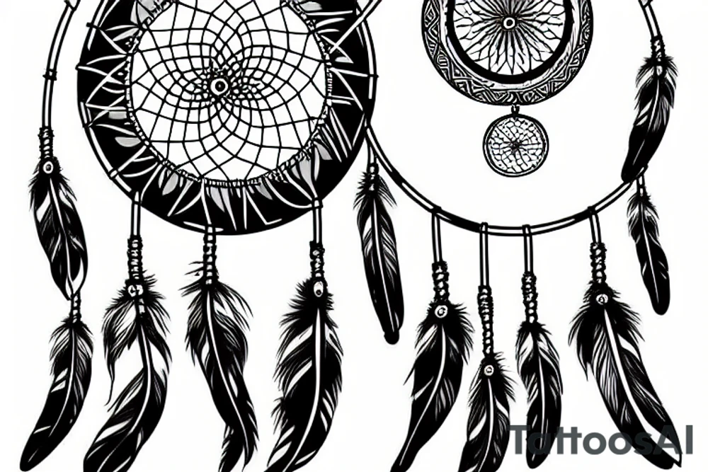 A dream catcher with 2 feathers and one arrowhead in the middle with the name Arnold Ochoa on the side tattoo idea