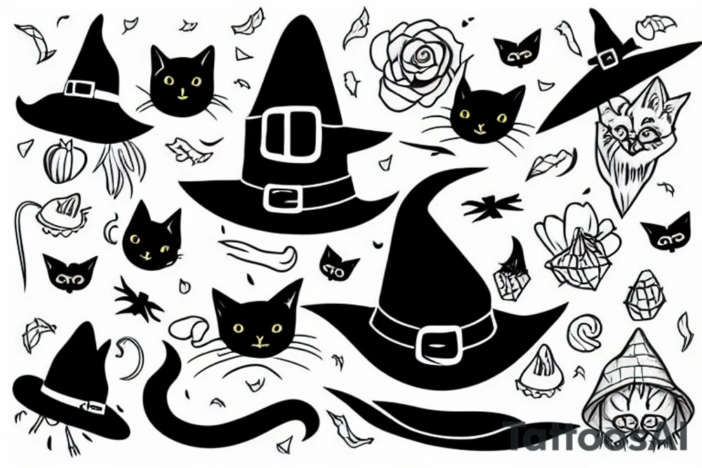 black cat with a witch hat tattoo idea