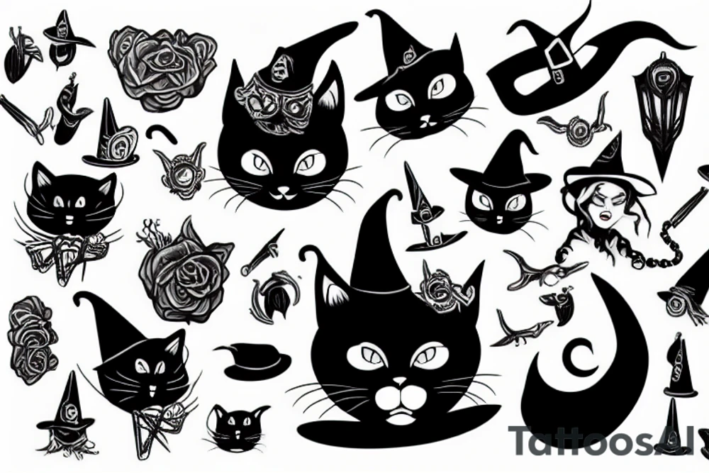 black cat with a witch hat tattoo idea