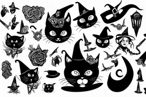 black cat with a witch hat tattoo idea