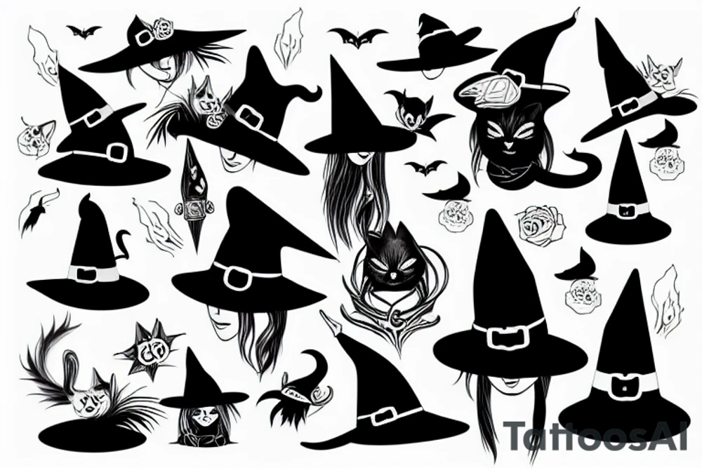 black cat with a witch hat tattoo idea