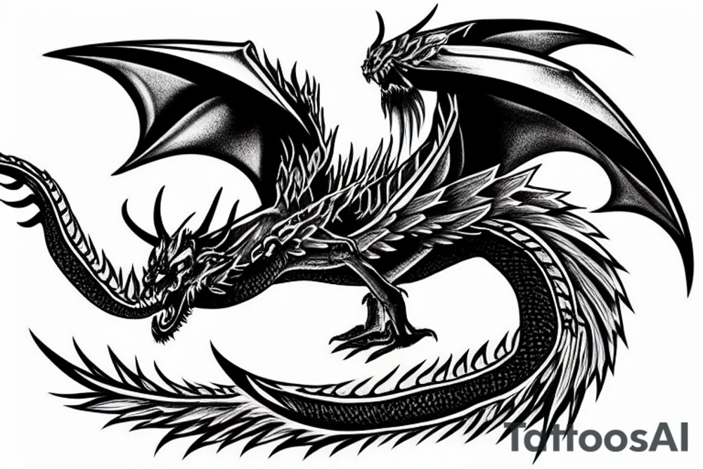 Black dragon flying over the mountains tattoo idea