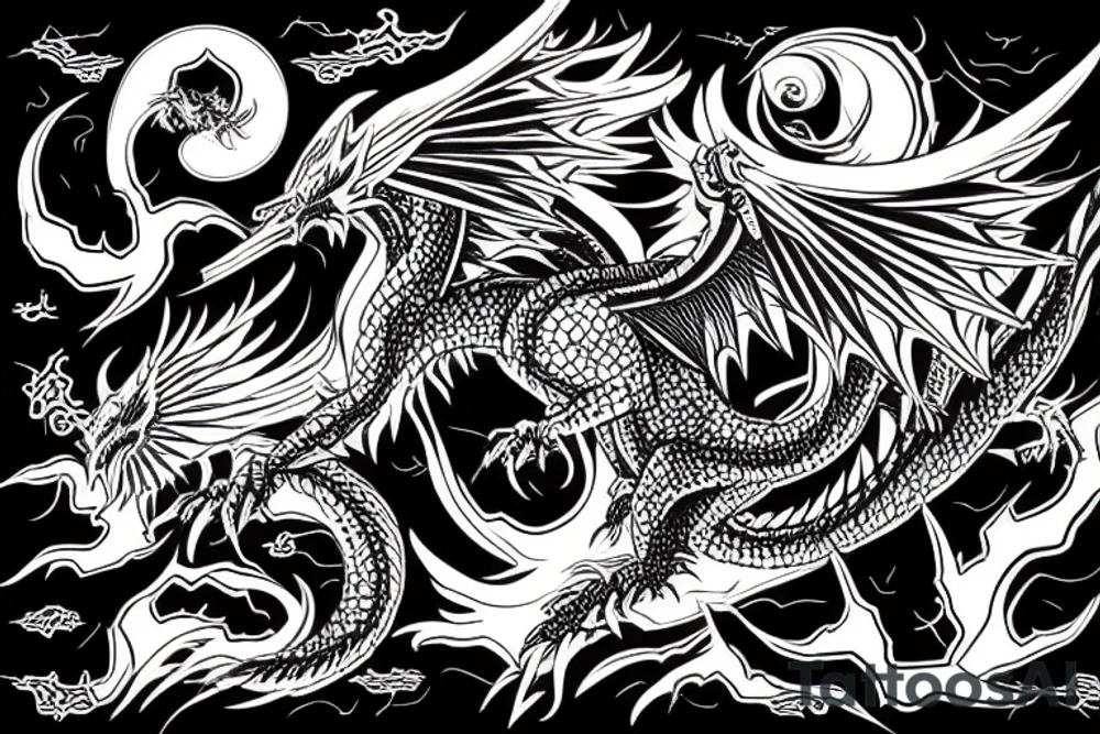 Black dragon flying over the mountains tattoo idea